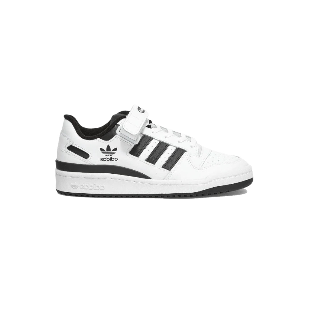 Adidas Forum Low White Black sneaker with white sole, white upper, and black stripes.