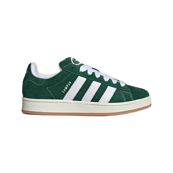 A pair of adidas Campus 00s sneakers in dark green and white colors.