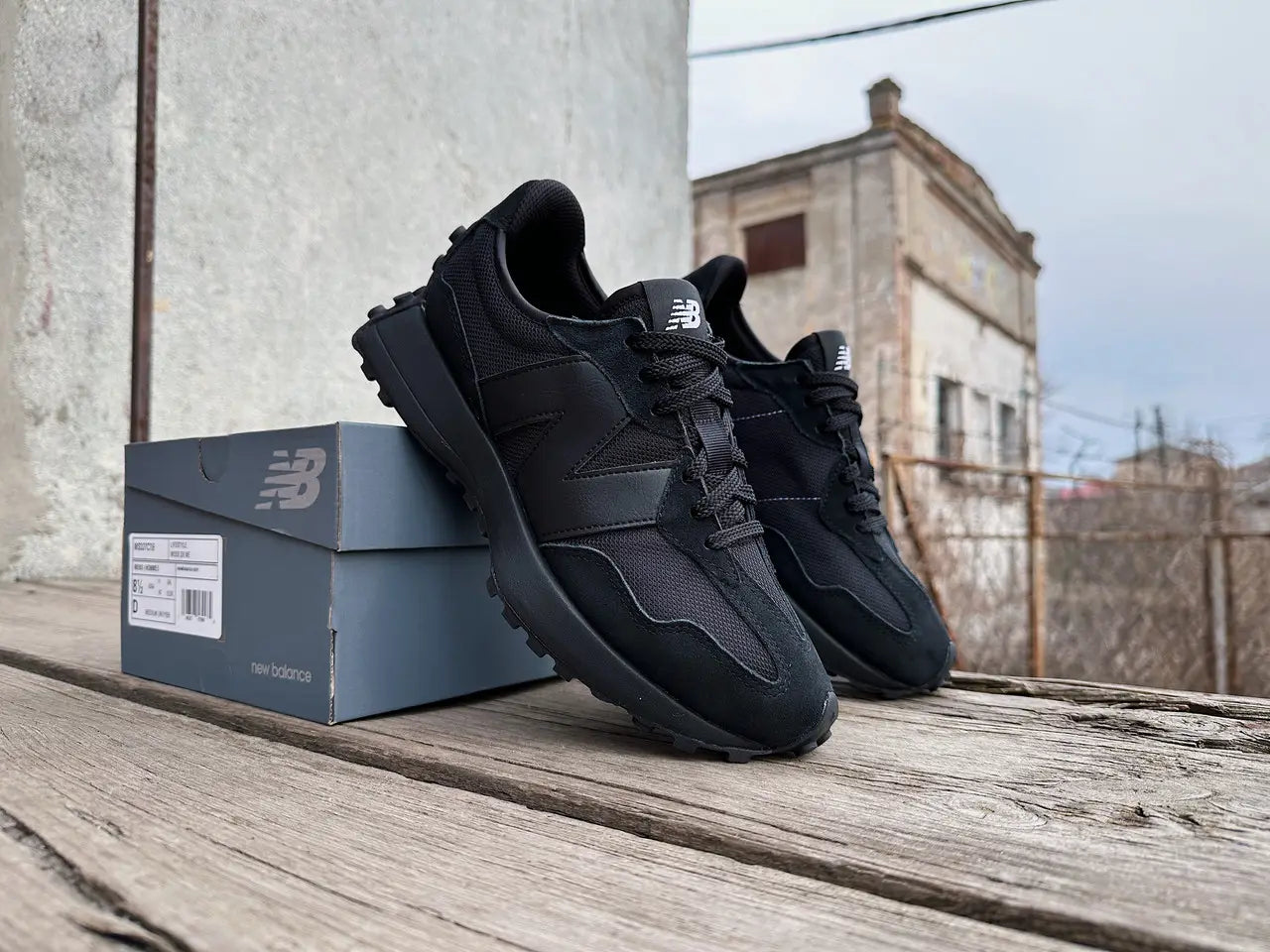 New Balance 327 Black White Tongue Logo