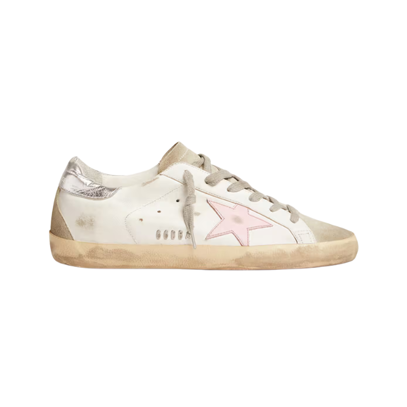 Golden Goose Super-Star Pink star patch and distressed white leather
