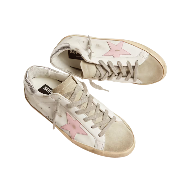 Golden Goose Super-Star Pink star patch and distressed white leather