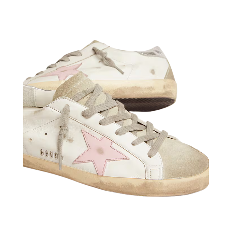 Golden Goose Super-Star Pink star patch and distressed white leather