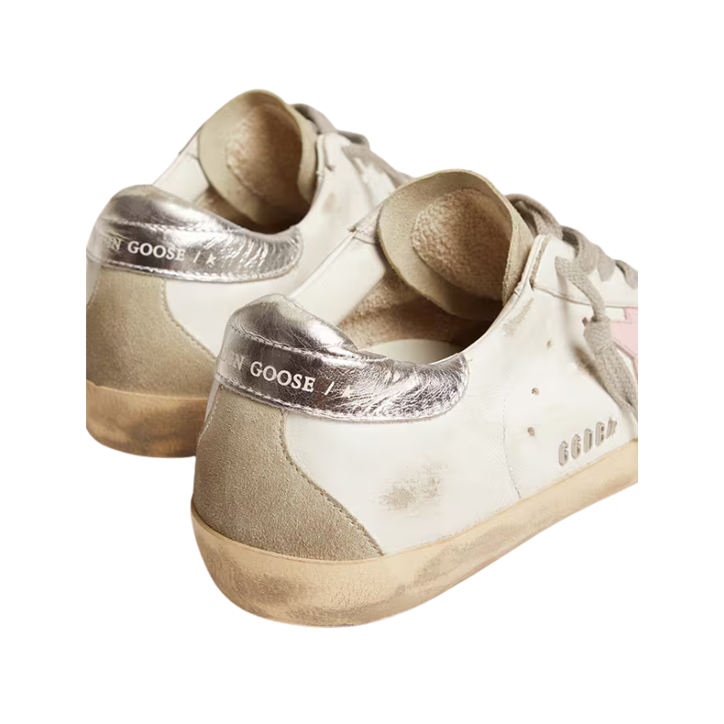 Golden Goose Super-Star Pink star patch and distressed white leather