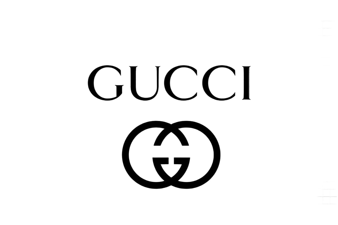 Black Gucci logo text and interlocking GG emblem centered on a light gray graph-paper background.