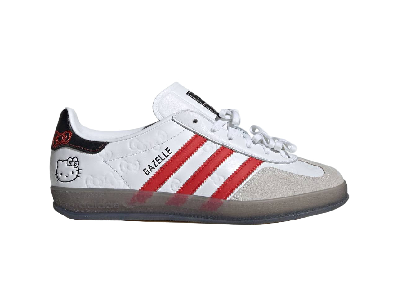 White sneaker with red stripes and Hello Kitty logo on a light gray background