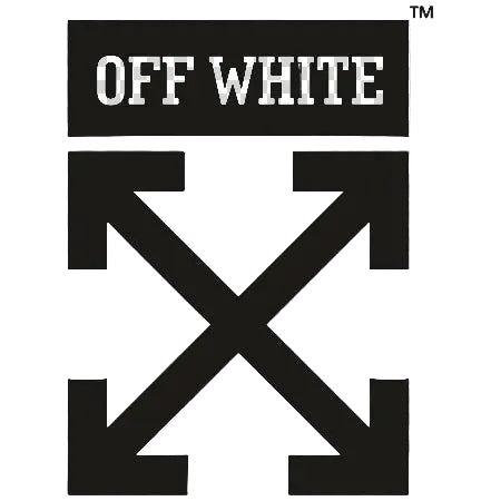 Off-White logo graphic with the brand name 'OFF WHITE' in white text inside a black rectangle above a large black crossed-arrow symbol on a gray-and-white checkered background.