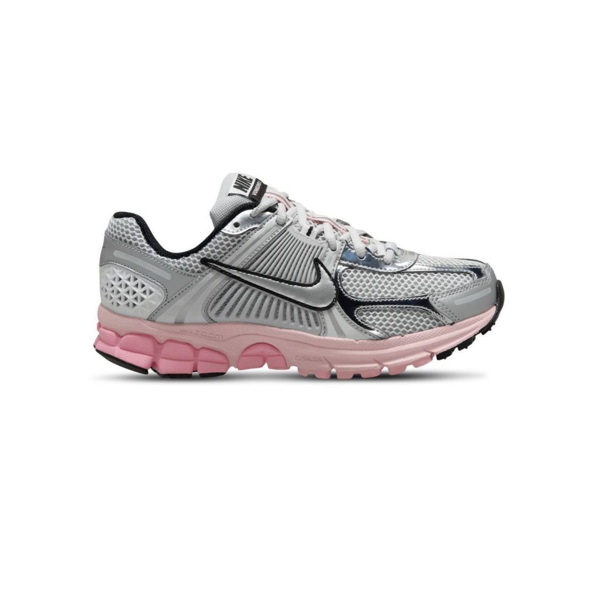 Gray and pink running shoe with Nike logo on a white background