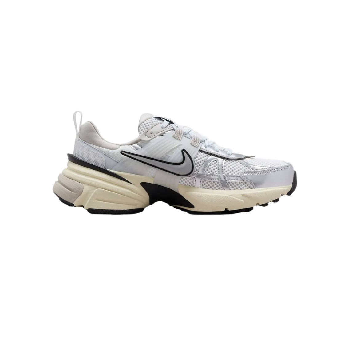 White sneaker with black accents on a white background