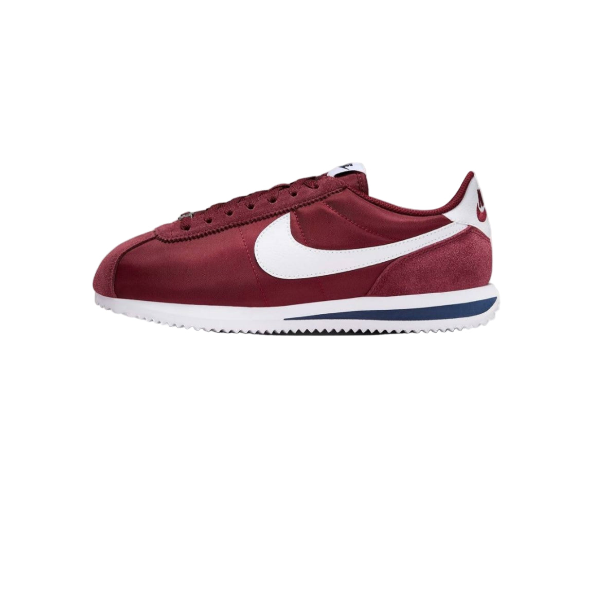 Maroon sneaker with white swoosh logo on a white background