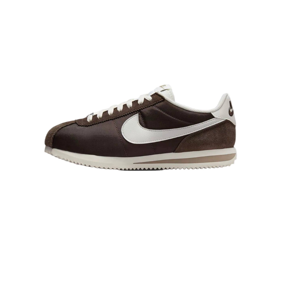 Brown Nike Cortez sneaker with white swoosh logo on a white background