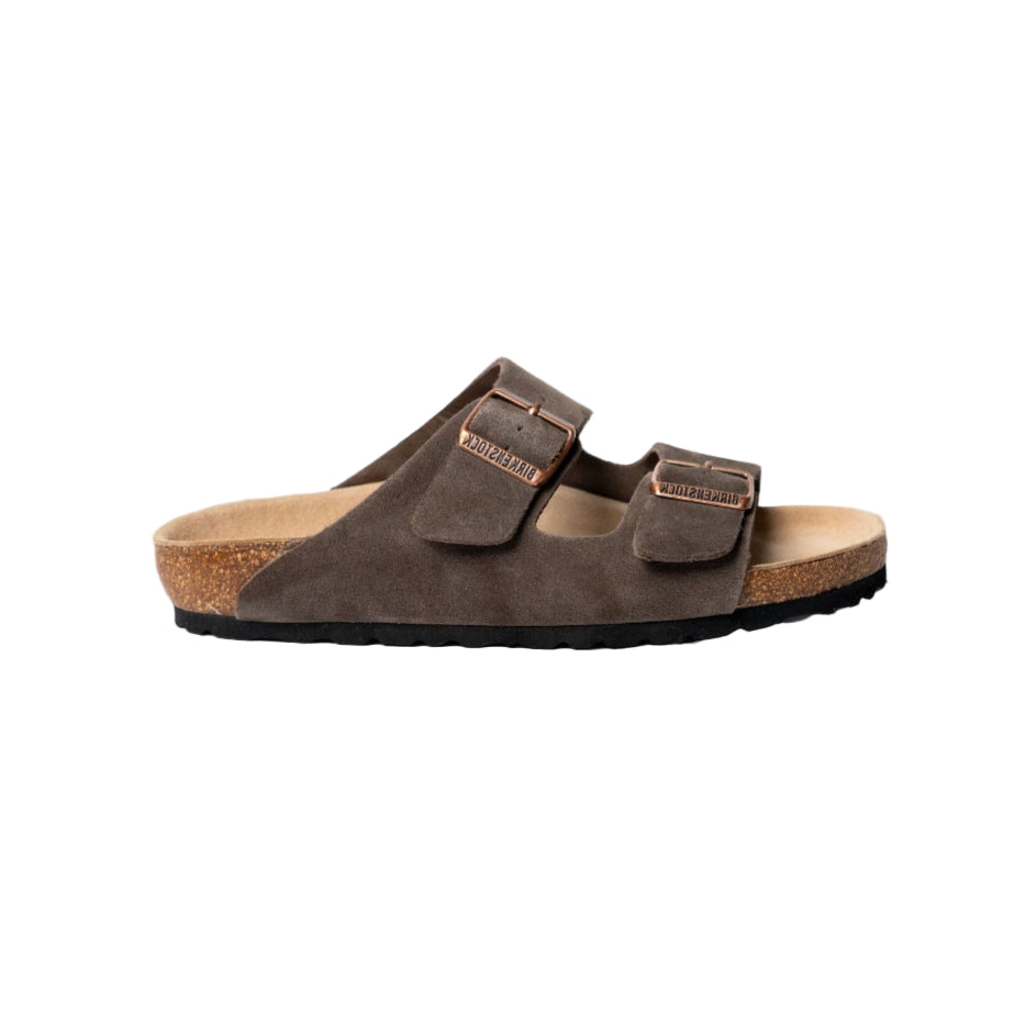 Brown sandal with double buckle on a white background
