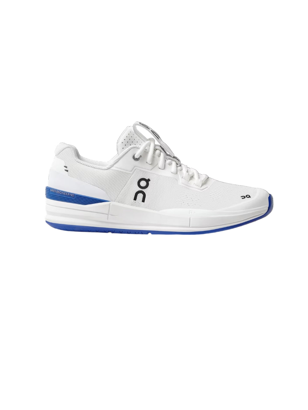 White athletic shoe with blue accents on a black background