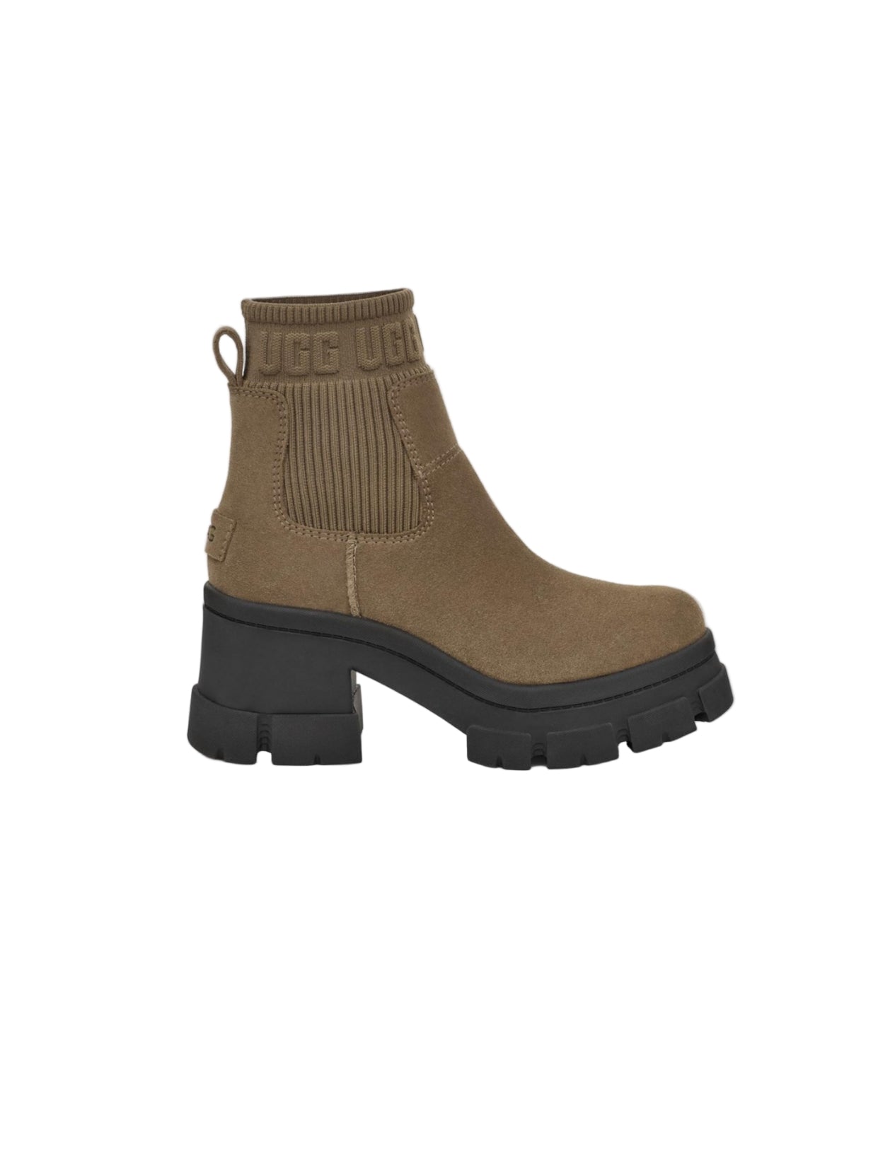 Brown ankle boot with black sole on a light gray background