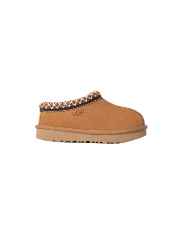 Tan slipper with leopard print trim on a white background