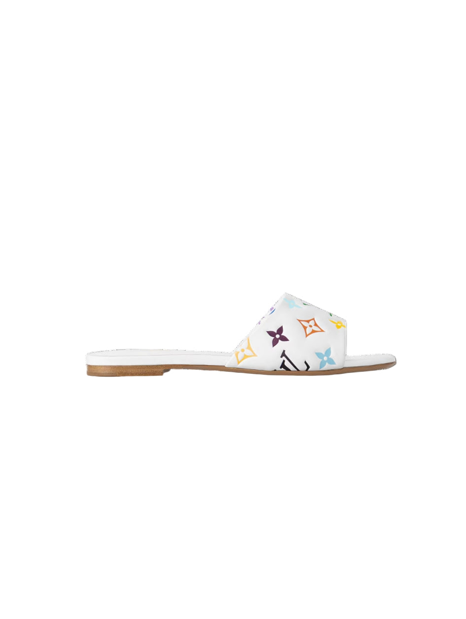 White sandal with colorful patterns on a white background