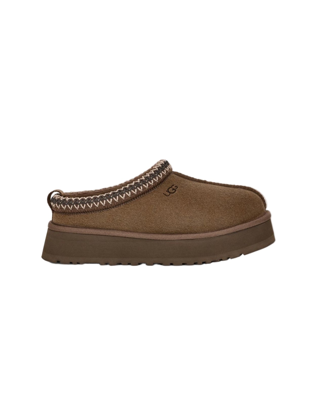 Brown slipper with a textured rim on a light gray background