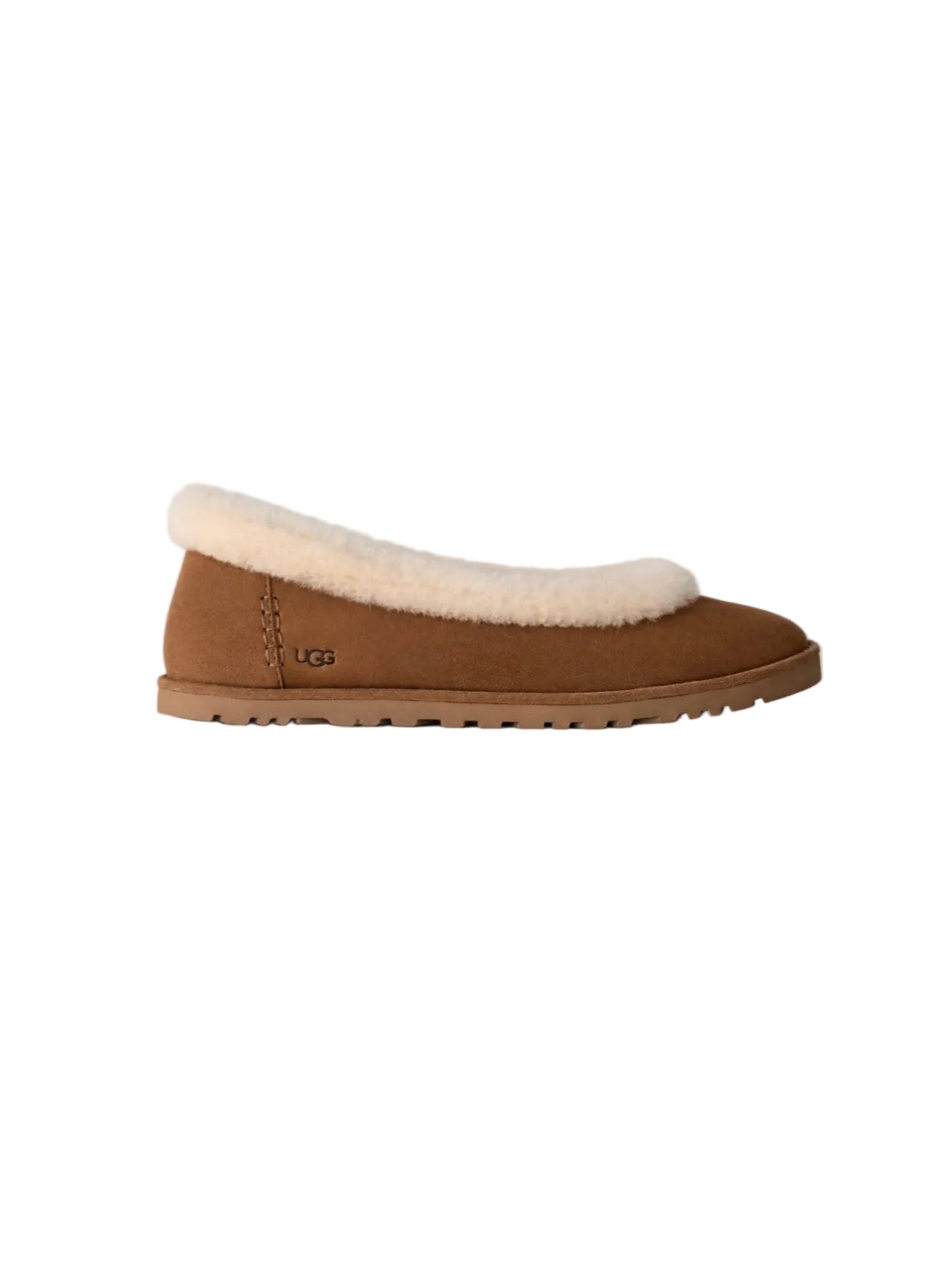 Brown UGG slipper with white fur lining on a light gray background