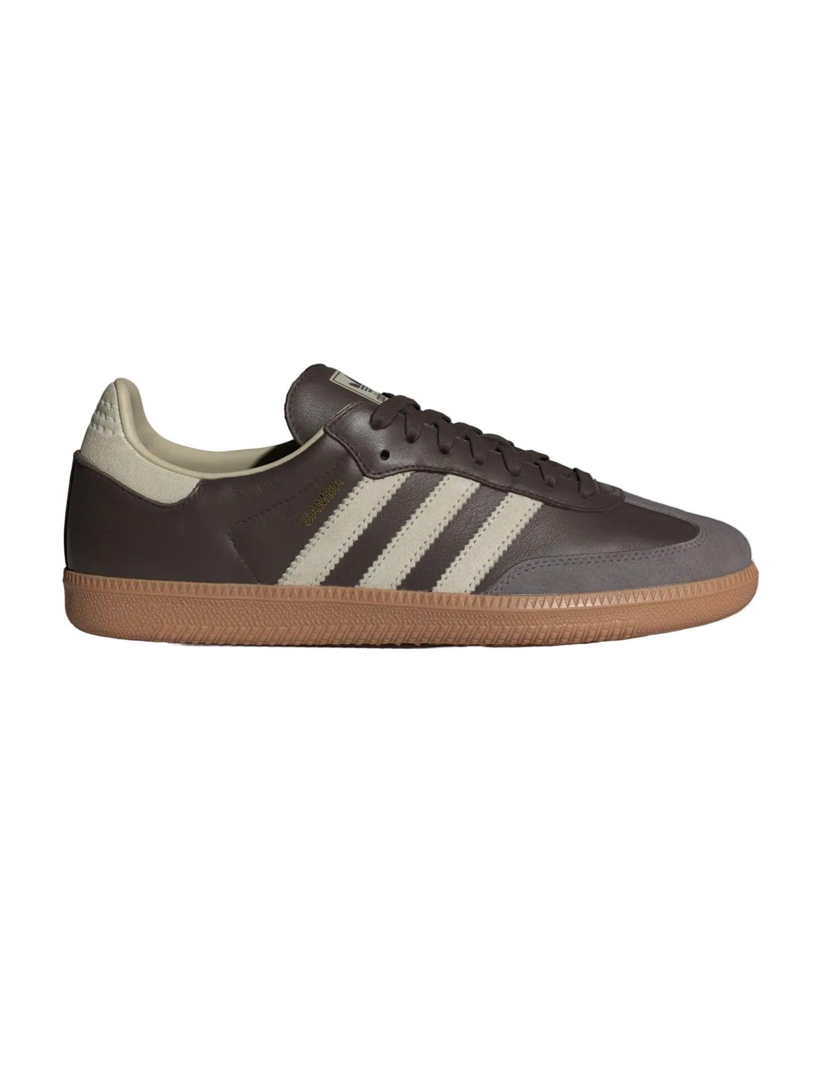 Brown Adidas sneaker with white stripes on a white background