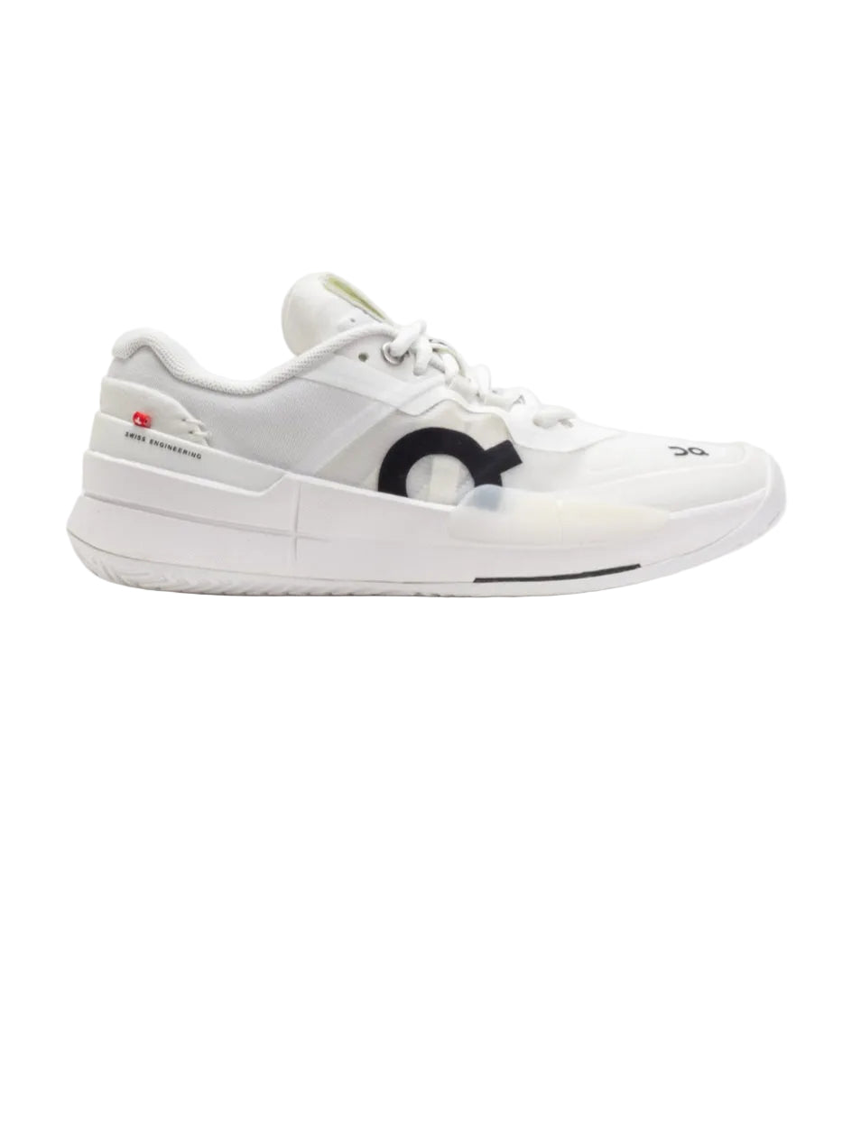 White sneaker with black logo on a white background
