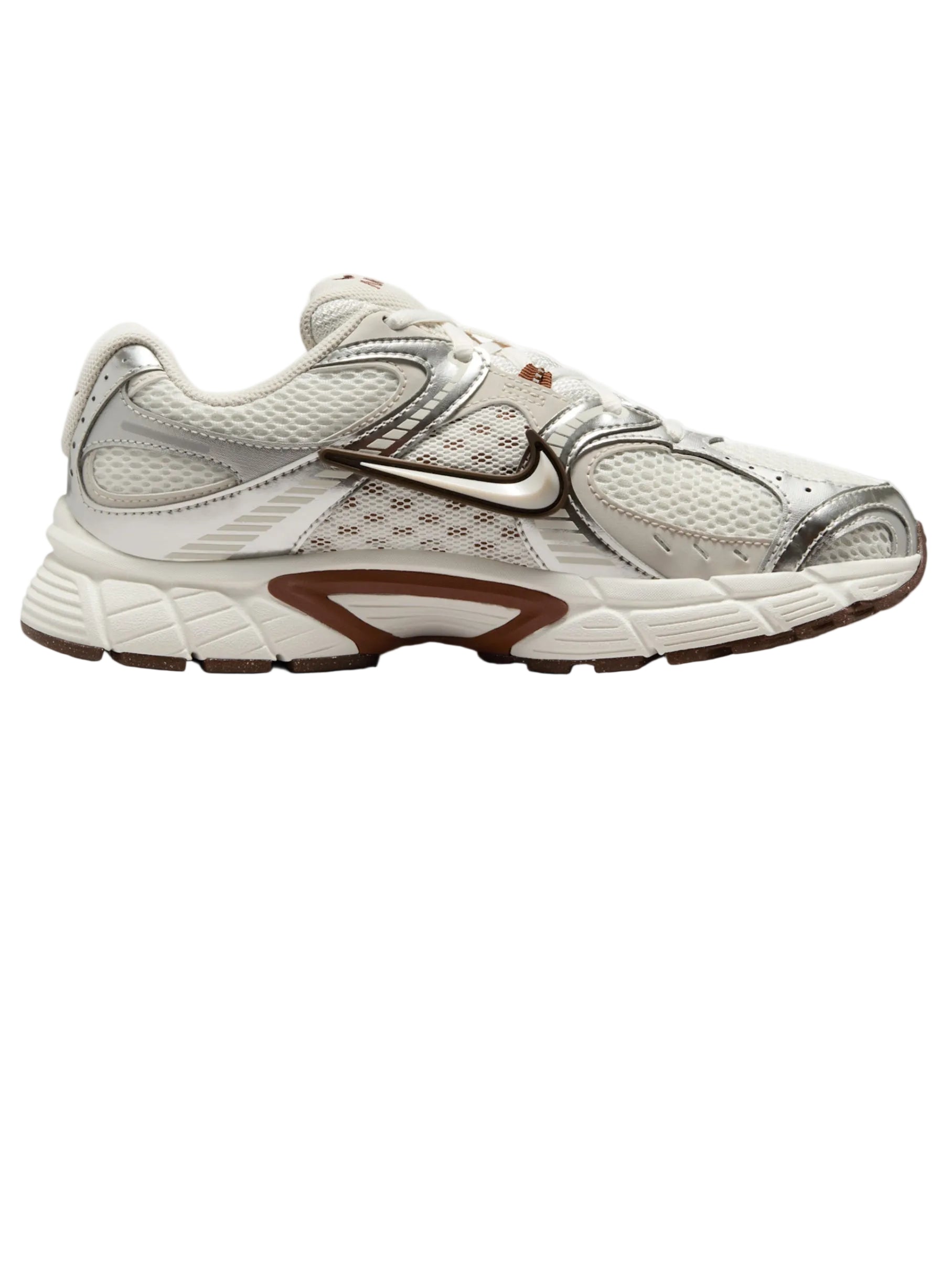 White athletic shoe with brown accents on a white background