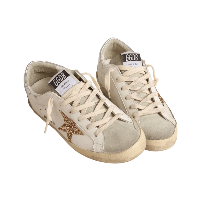 Golden Goose Super-Star leather gold glitter star and ice-gray suede