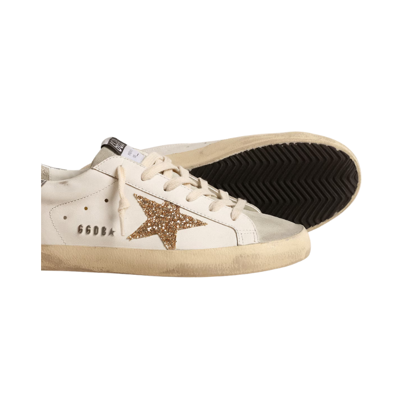 Golden Goose Super-Star leather gold glitter star and ice-gray suede
