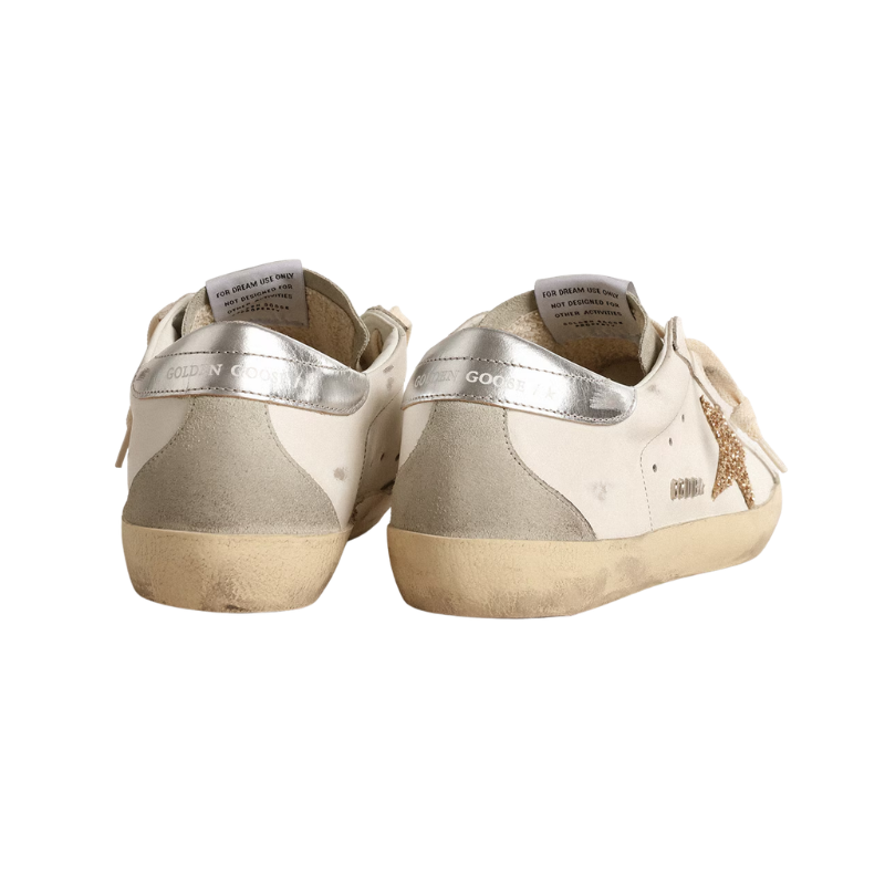 Golden Goose Super-Star leather gold glitter star and ice-gray suede