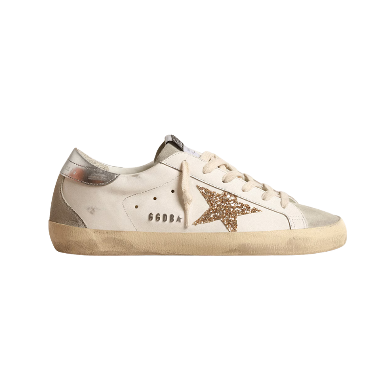 Golden Goose Super-Star leather gold glitter star and ice-gray suede