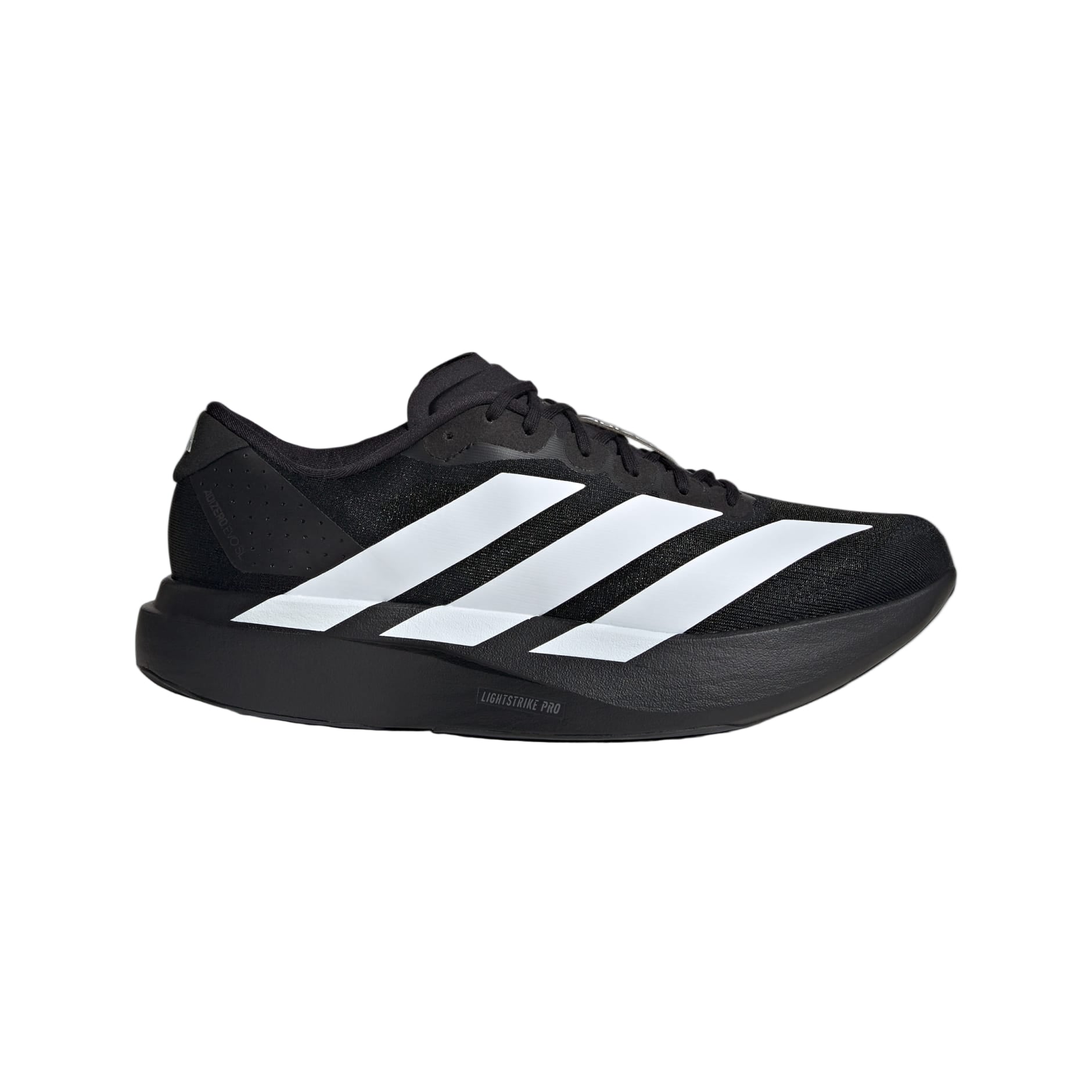 Black Adidas sneaker with white stripes on a light gray background