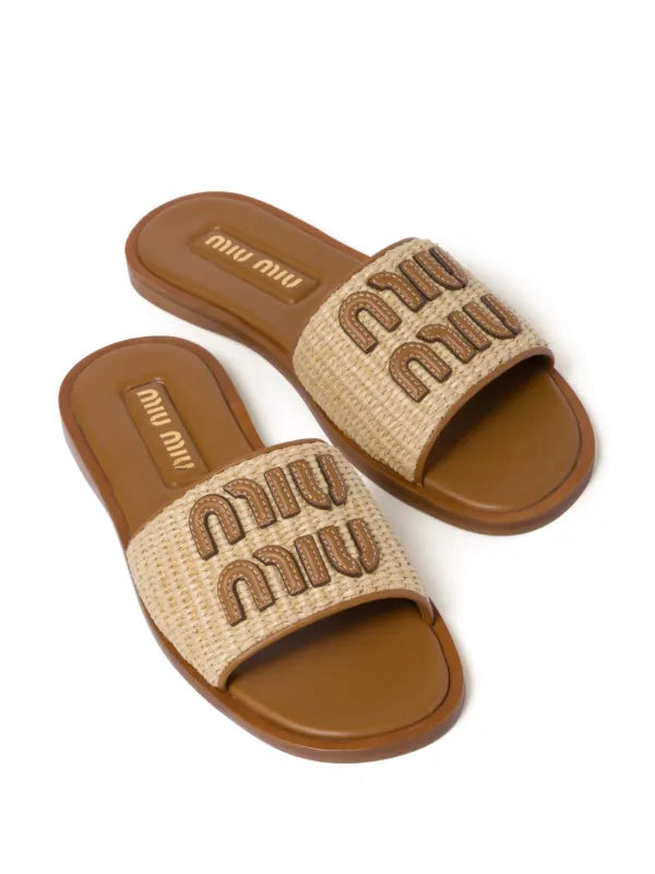 Miu Miu Raffia-effect woven Beig slides
