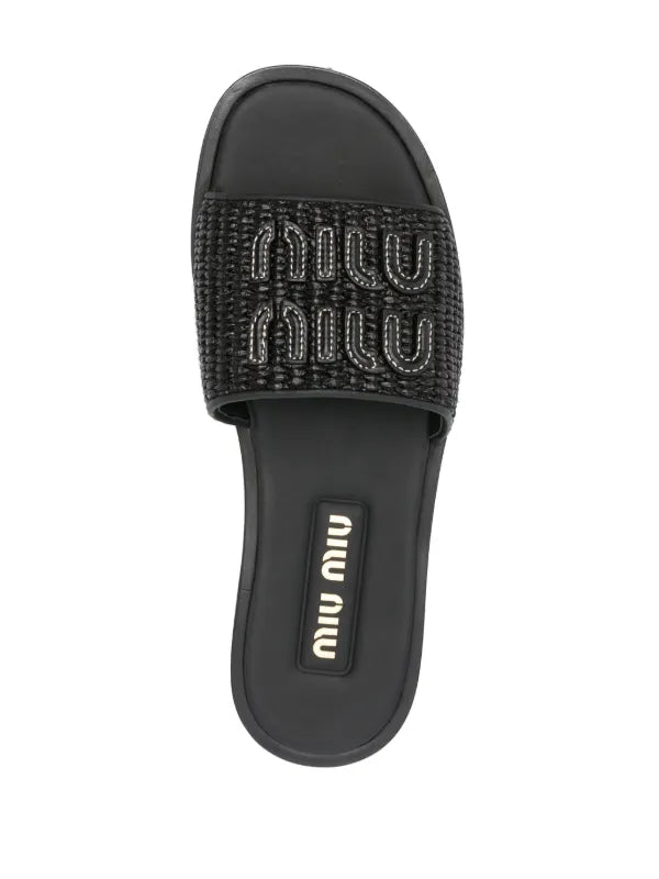 Miu Miu Raffia-effect woven Black slides