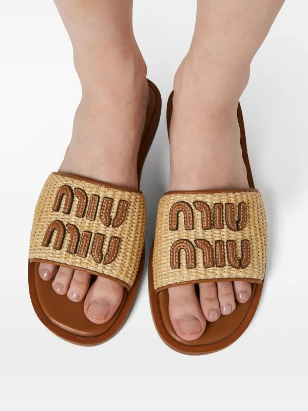 Miu Miu Raffia-effect woven Beig slides