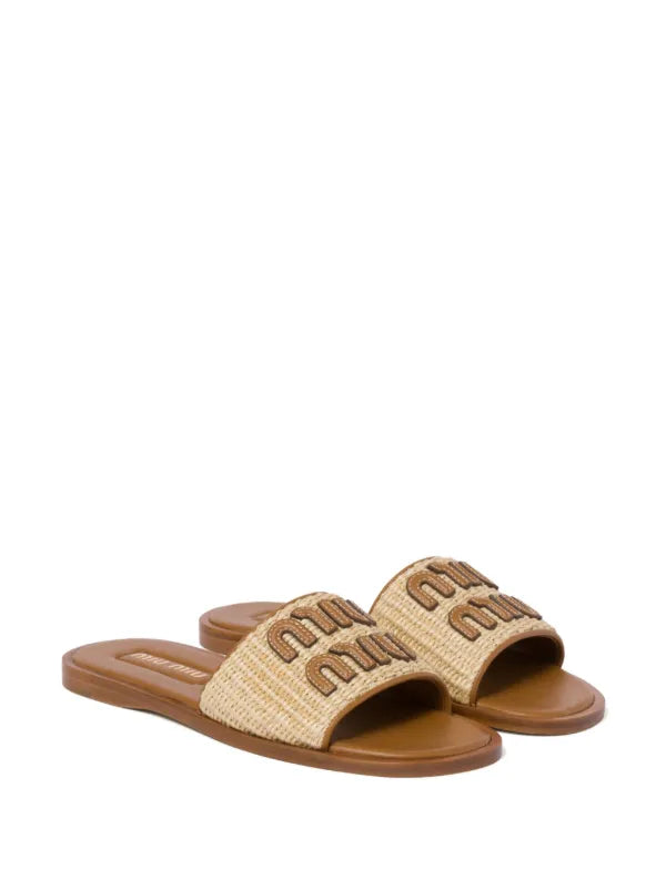 Miu Miu Raffia-effect woven Beig slides