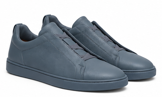 ZEGNA Triple Stitch SECONDskin Leather Sneakers – Blue Grey