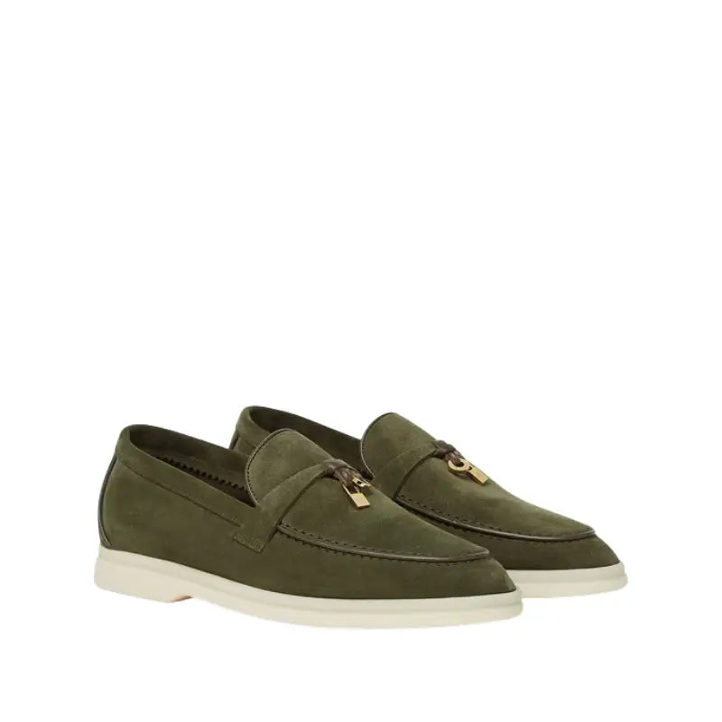Loro Piana Summer Charms Walk Suede Olive loafers