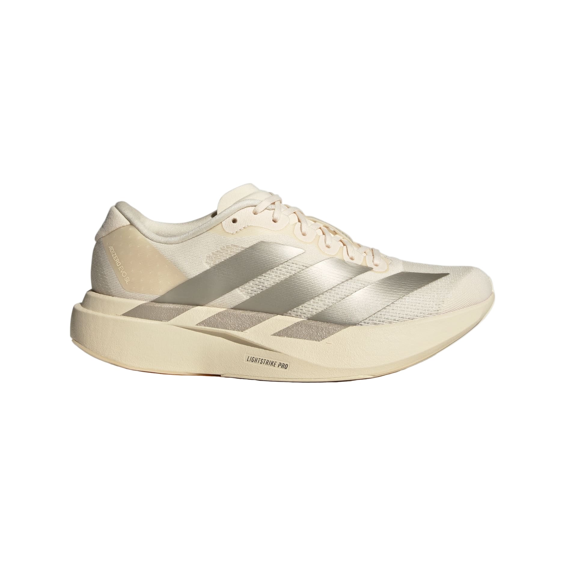 Beige running shoe with Adidas logo on a white background