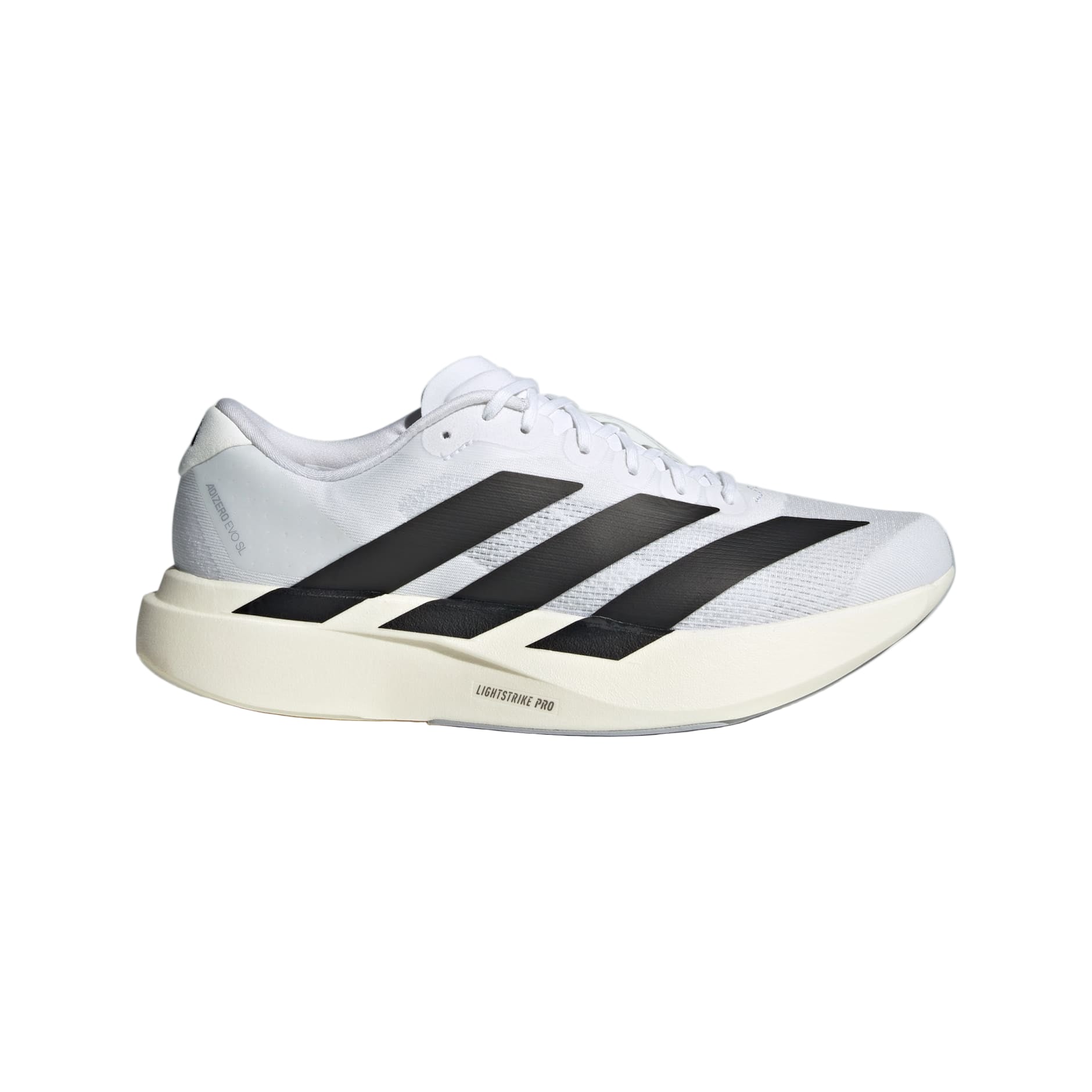 White Adidas running shoe with black stripes on a light gray background